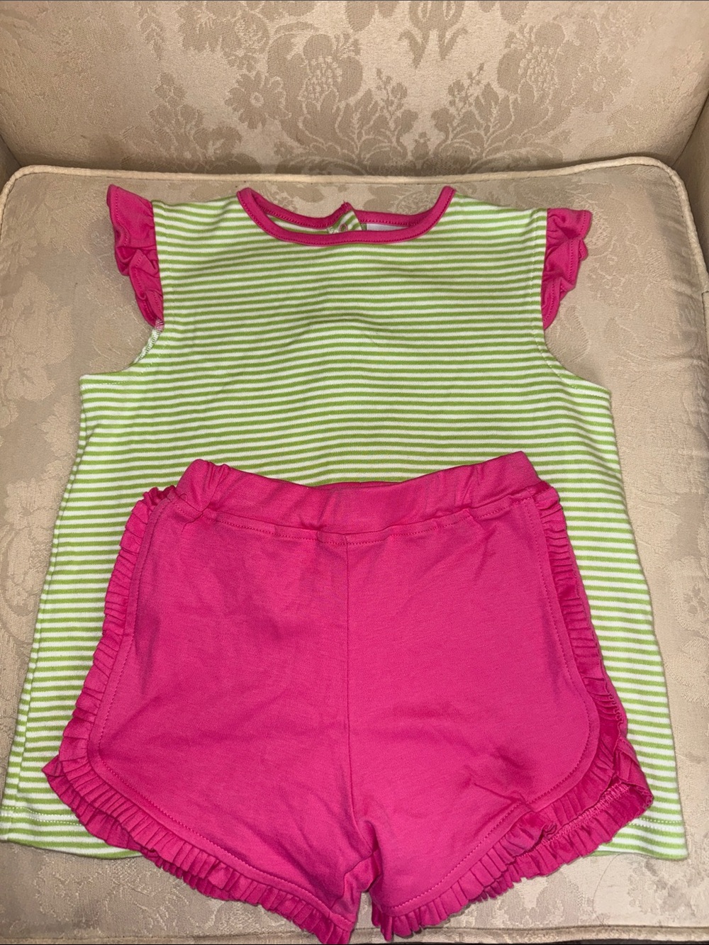 Children's Pink Ruffle Shorts & Green Stripe Top Matching Set